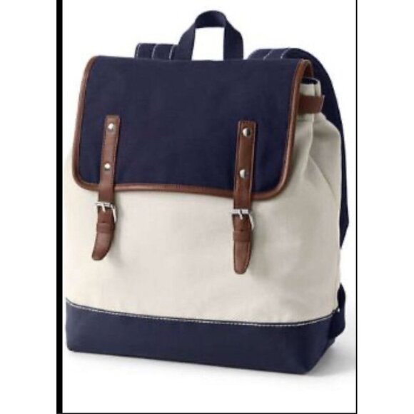 Land's End Navy & Ivory Canvas Backpack Bag Knapsack School Nautical Adjustable - Picture 1 of 7
